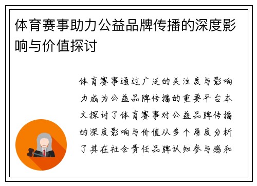 体育赛事助力公益品牌传播的深度影响与价值探讨