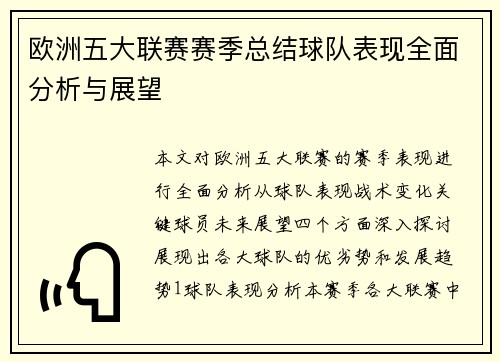 欧洲五大联赛赛季总结球队表现全面分析与展望