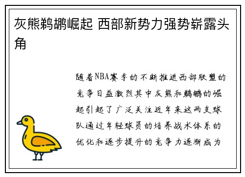 灰熊鹈鹕崛起 西部新势力强势崭露头角